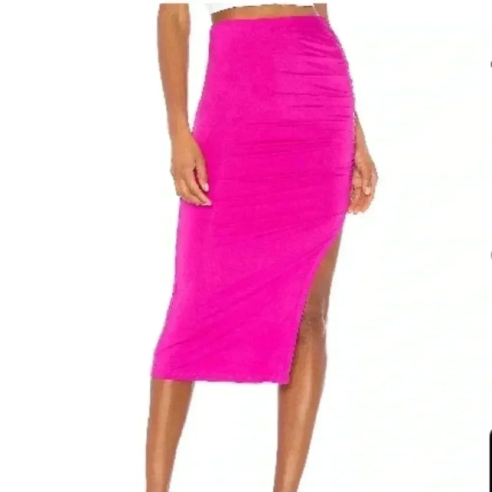 Superdown Tiffani Ruched Midi Skirt in Fuchsia - Picture 1 of 3